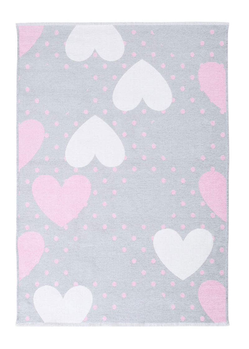 Pink, gray, heart patterned, machine washable rug for kids