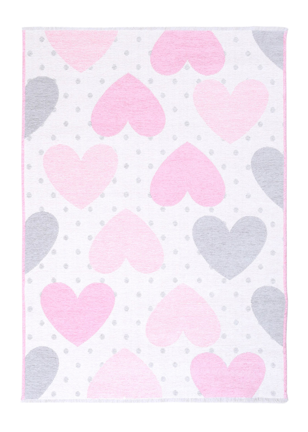 Pink, gray, white, heart patterned, machine washable rug for kids