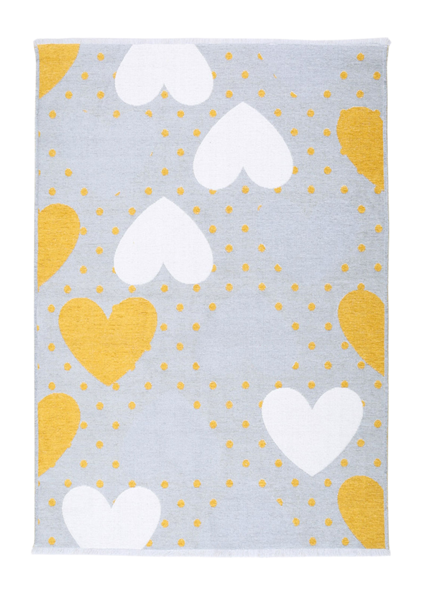 Yellow, gray, heart patterned, machine washable rug for kids