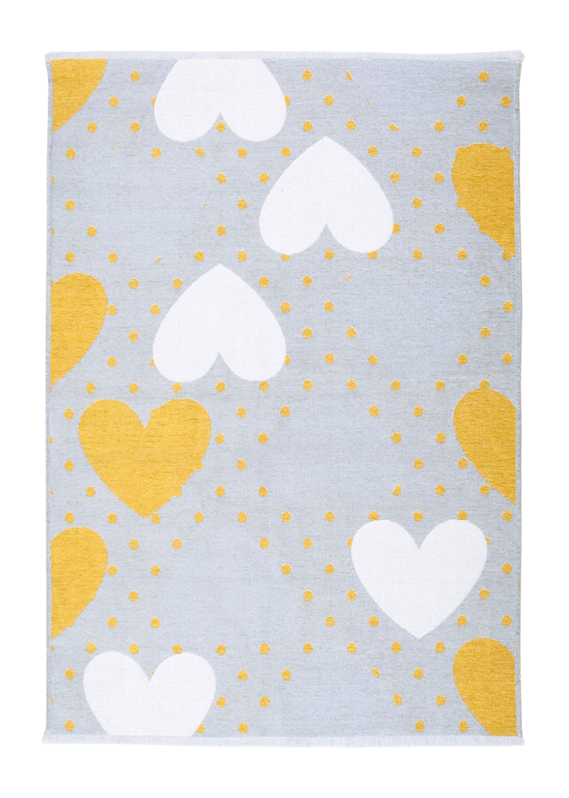 Yellow, gray, heart patterned, machine washable rug for kids
