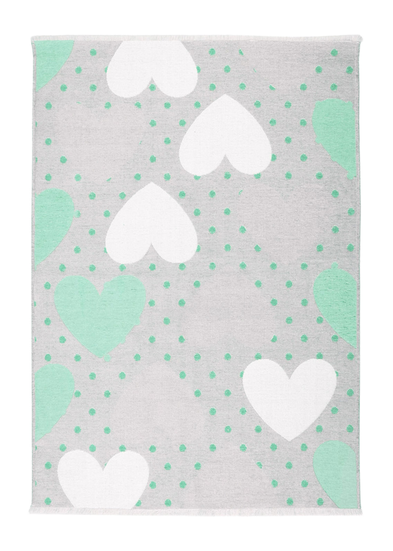 Green, gray, heart patterned, machine washable rug for kids
