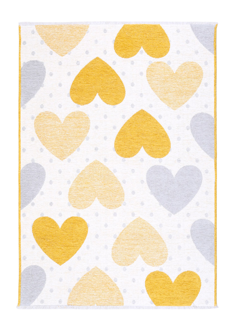 Yellow, gray, white, heart patterned, machine washable rug for kids