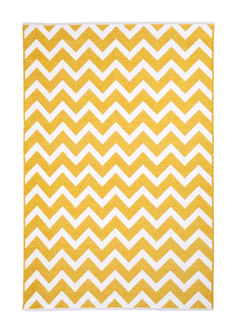 Yellow, white, geometric patterned, machine washable rug