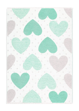Green, white, gray, heart patterned, machine washable rug for kids