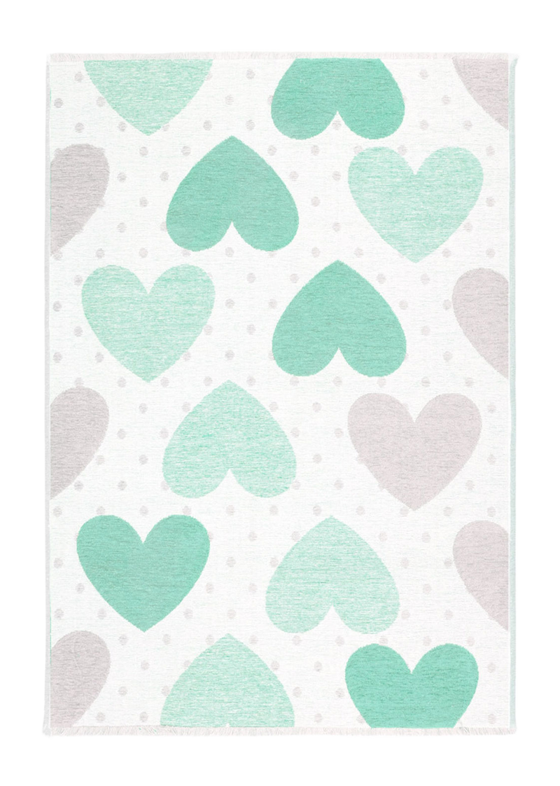 Green, white, gray, heart patterned, machine washable rug for kids