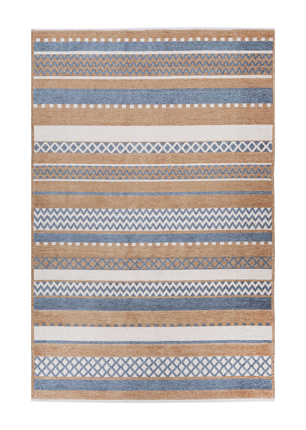 Blue, orange, striped, machine washable rug