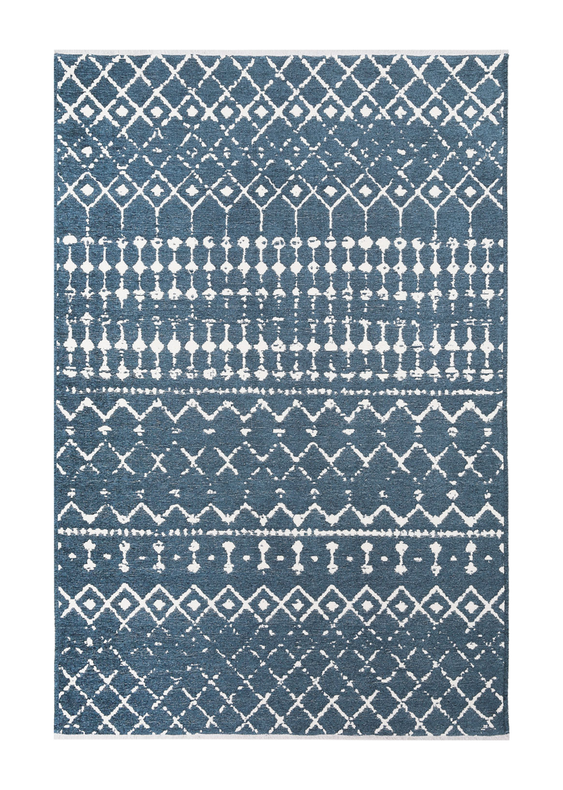 Blue, patterned, machine washable rug
