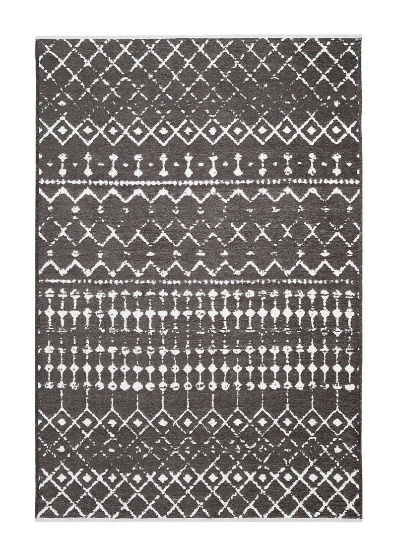 Black,  patterned, machine washable rug