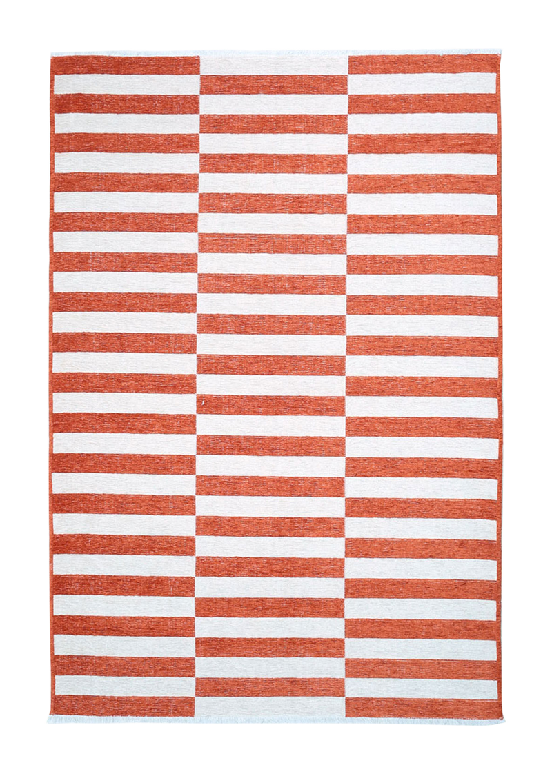 Red, white, striped, machine washable rug