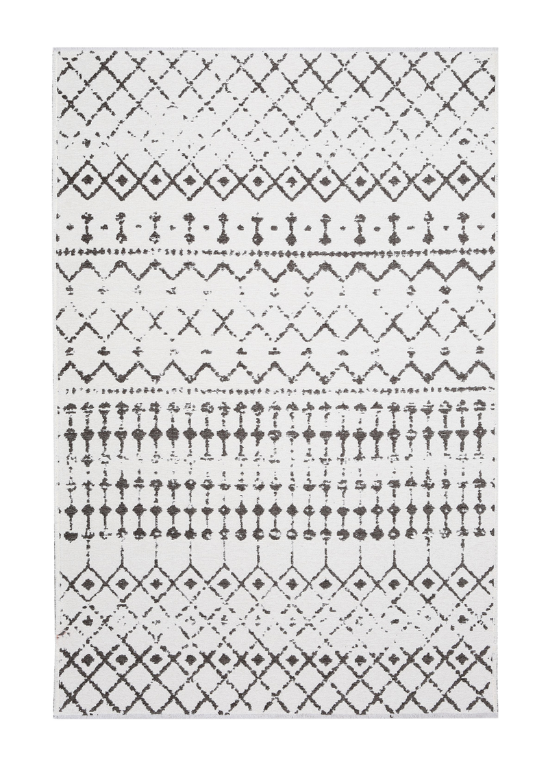 White, black,  patterned, machine washable rug