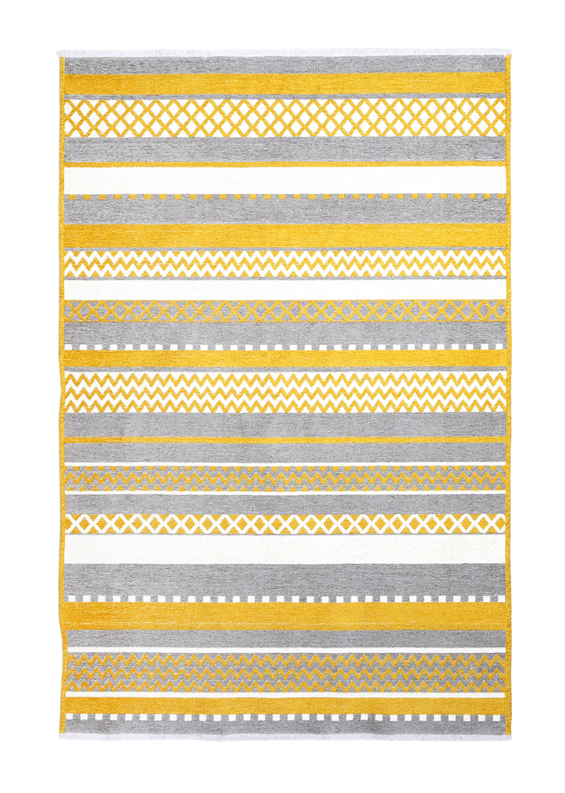 Yellow, gray, striped, machine washable rug