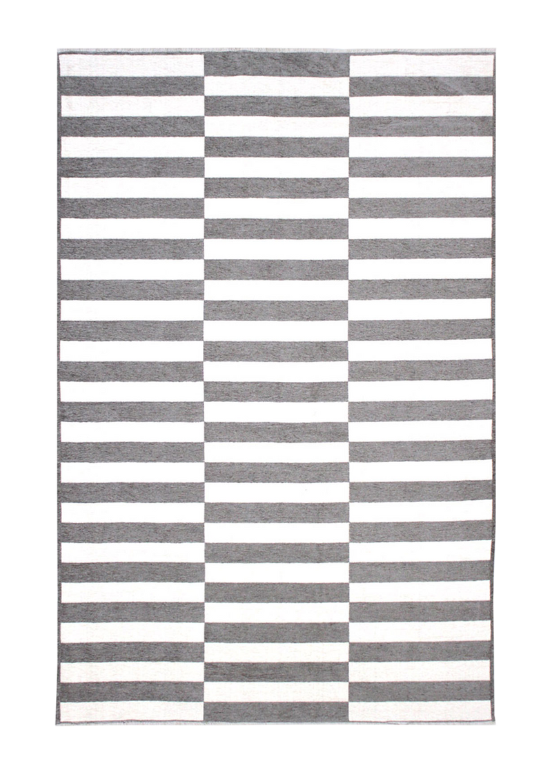Gray, white, striped, machine washable rug