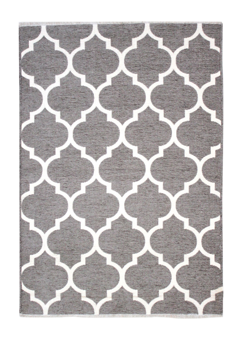 Gray, white, geometric patterned, machine washable rug