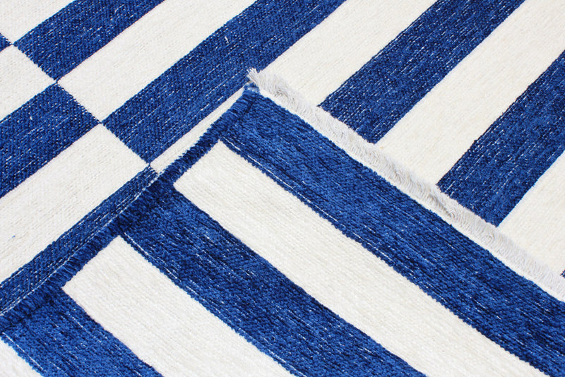 Navy blue, white, striped, machine washable rug