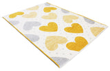 Yellow, gray, white, heart patterned, machine washable rug for kids