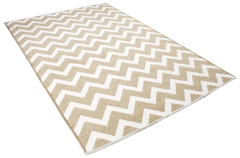Beige, white, geometric patterned, machine washable rug