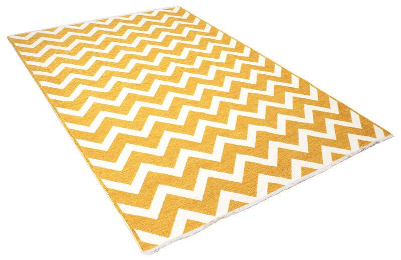 Yellow, white, geometric patterned, machine washable rug