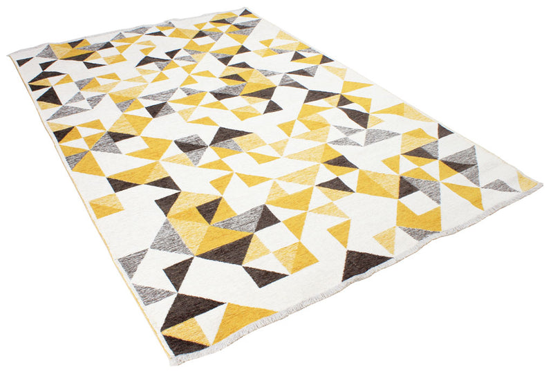 Yellow, gray, white, geometric patterned, machine washable rug