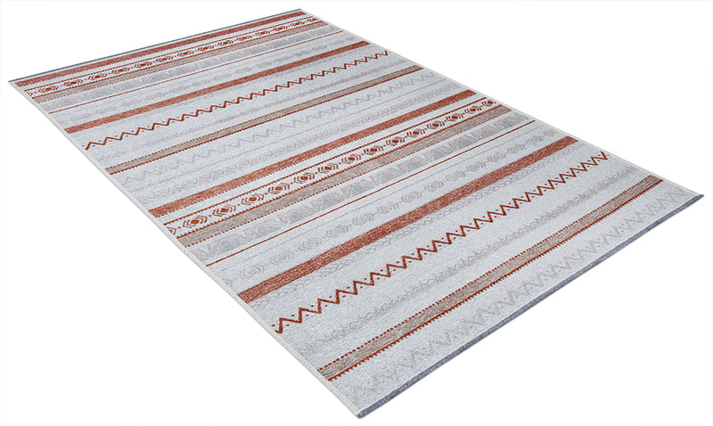Washable Ethnic Patterned Rug in Orange and White Color