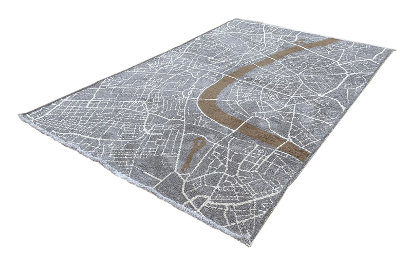 Gray, beige, London map design, machine washable rug