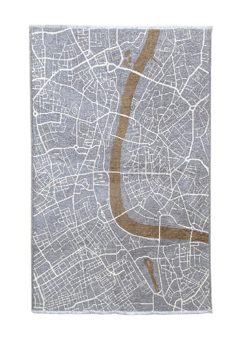 Gray, beige, London map design, machine washable rug