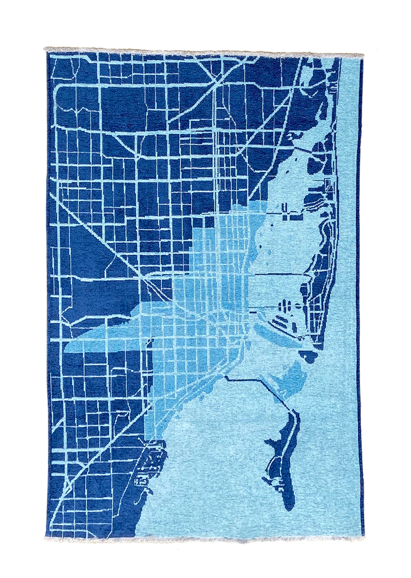 Blue, Miami map design, machine washable rug