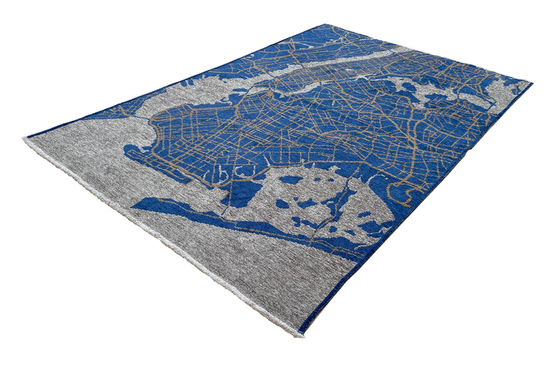 Blue, gray, New York map design, machine washable rug