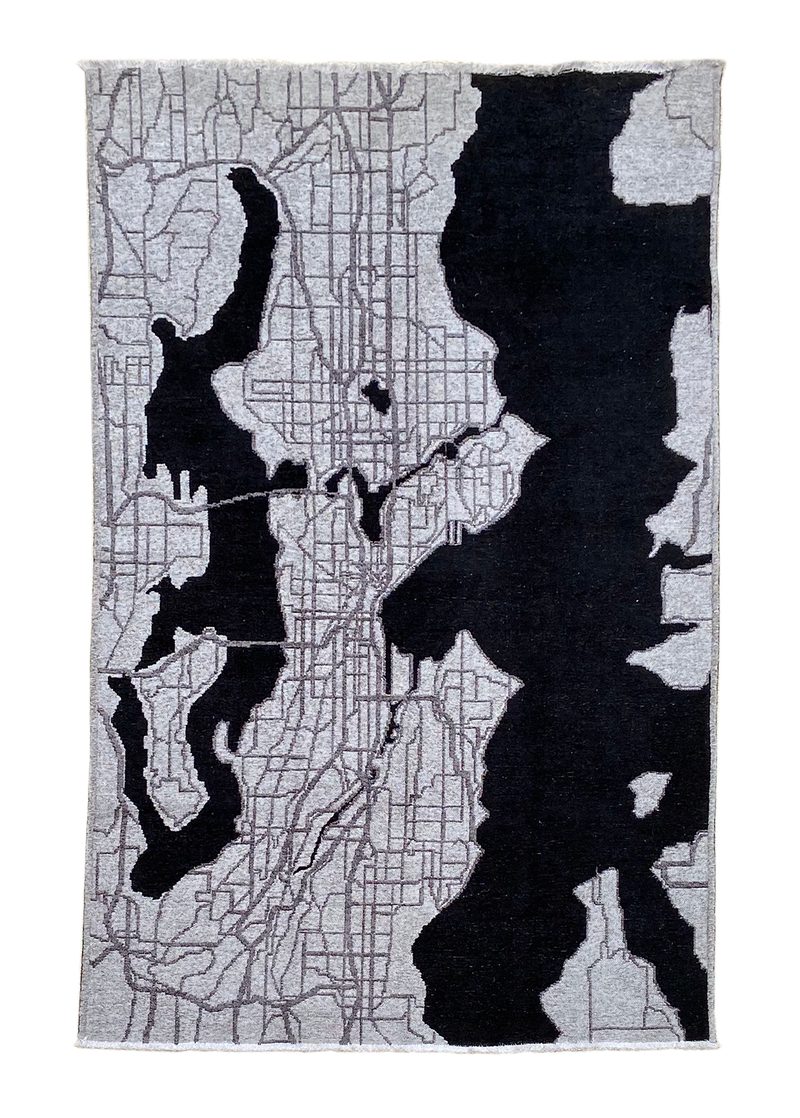 Black, gray, Seattle map design, machine washable rug