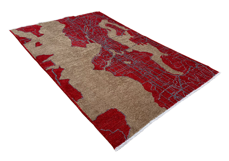 Red, beige, Seattle map design, machine washable rug