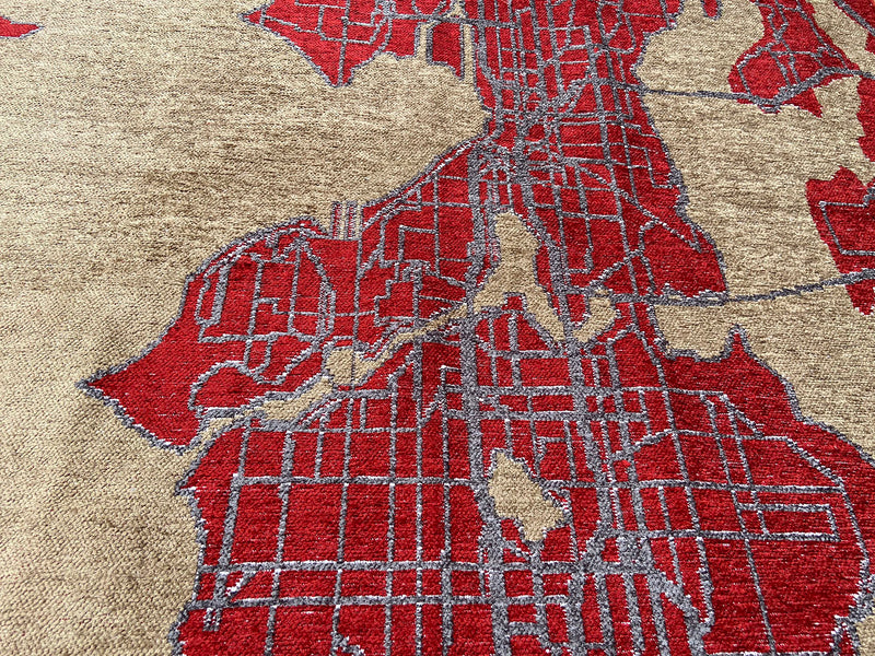 Red, beige, Seattle map design, machine washable rug