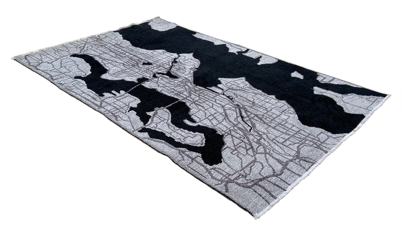 Black, gray, Seattle map design, machine washable rug